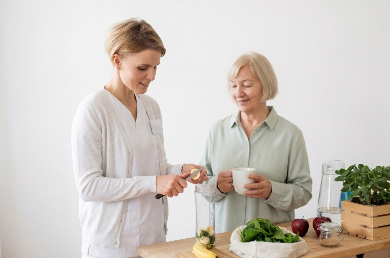 A Procare caregiver sitting with an elderly client